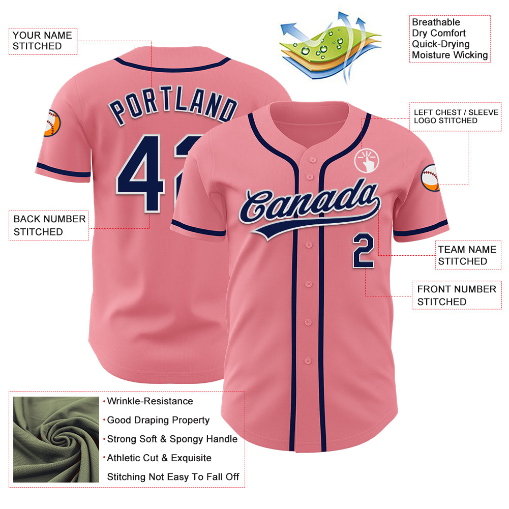 Custom Medium Pink Navy-White Authentic Baseball Jersey