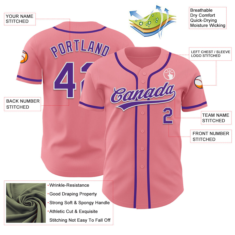 Custom Medium Pink Purple-White Authentic Baseball Jersey