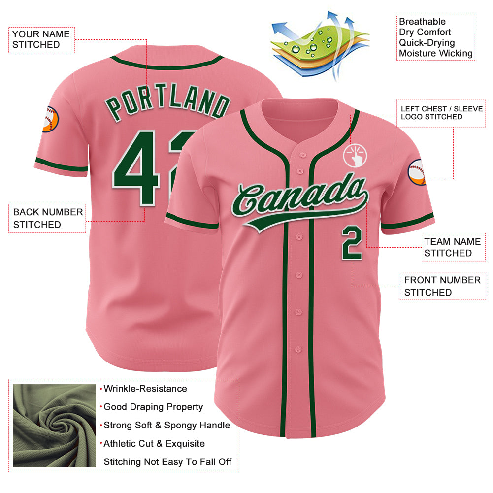 Custom Medium Pink Green-White Authentic Baseball Jersey