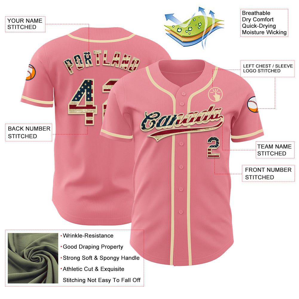 Custom Medium Pink Vintage USA Flag-Cream Authentic Baseball Jersey