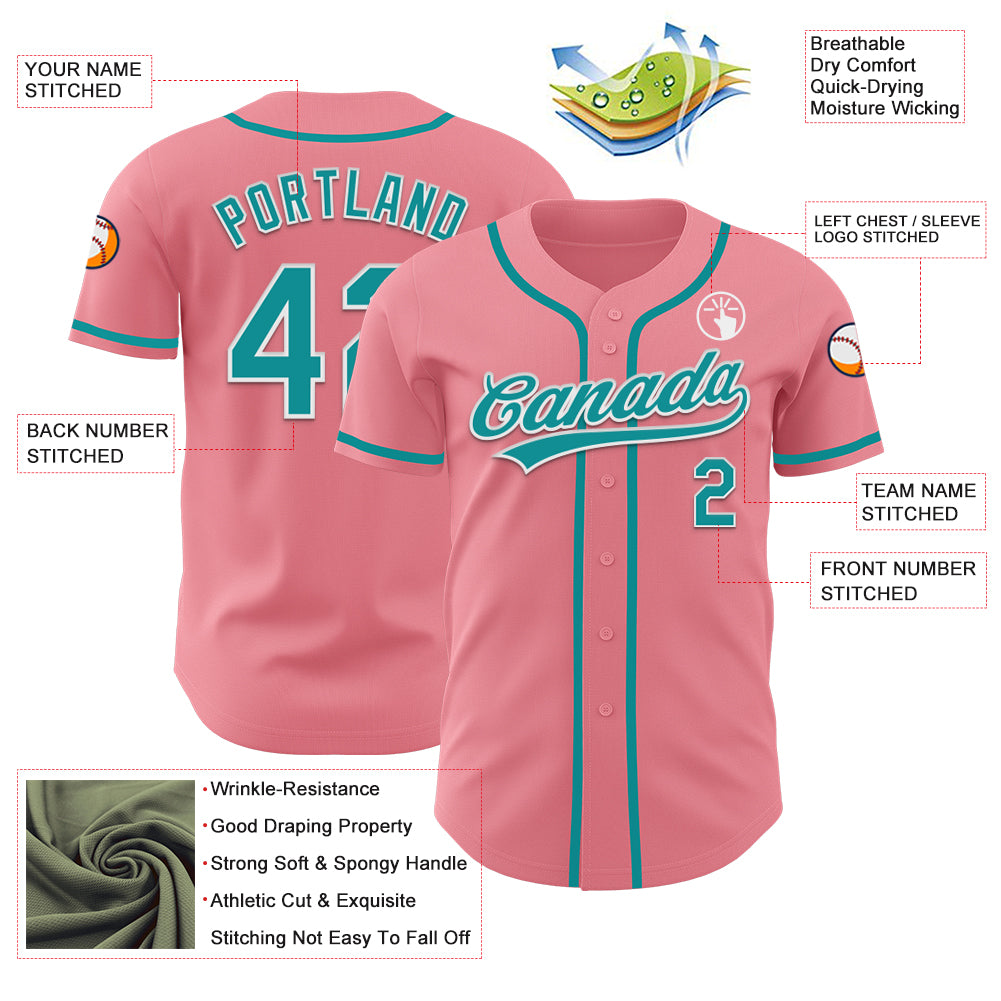 Custom Medium Pink Teal-White Authentic Baseball Jersey