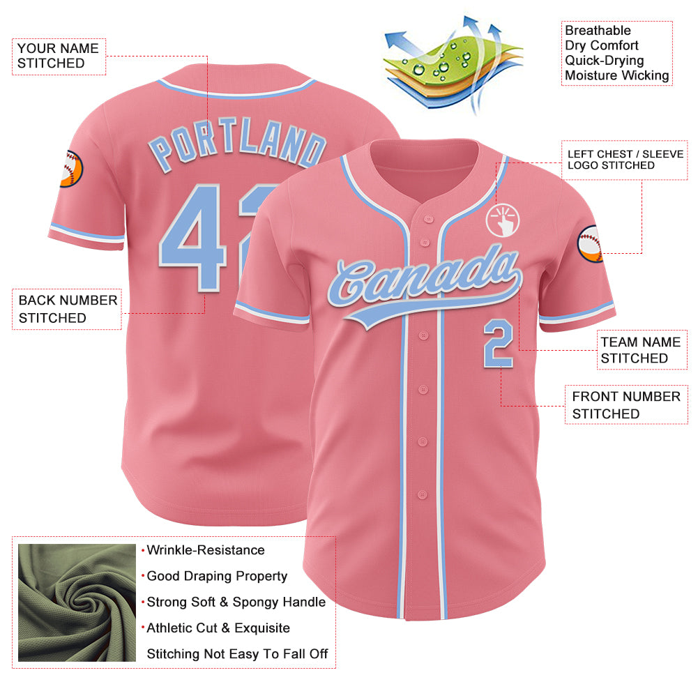 Custom Medium Pink Light Blue-White Authentic Baseball Jersey
