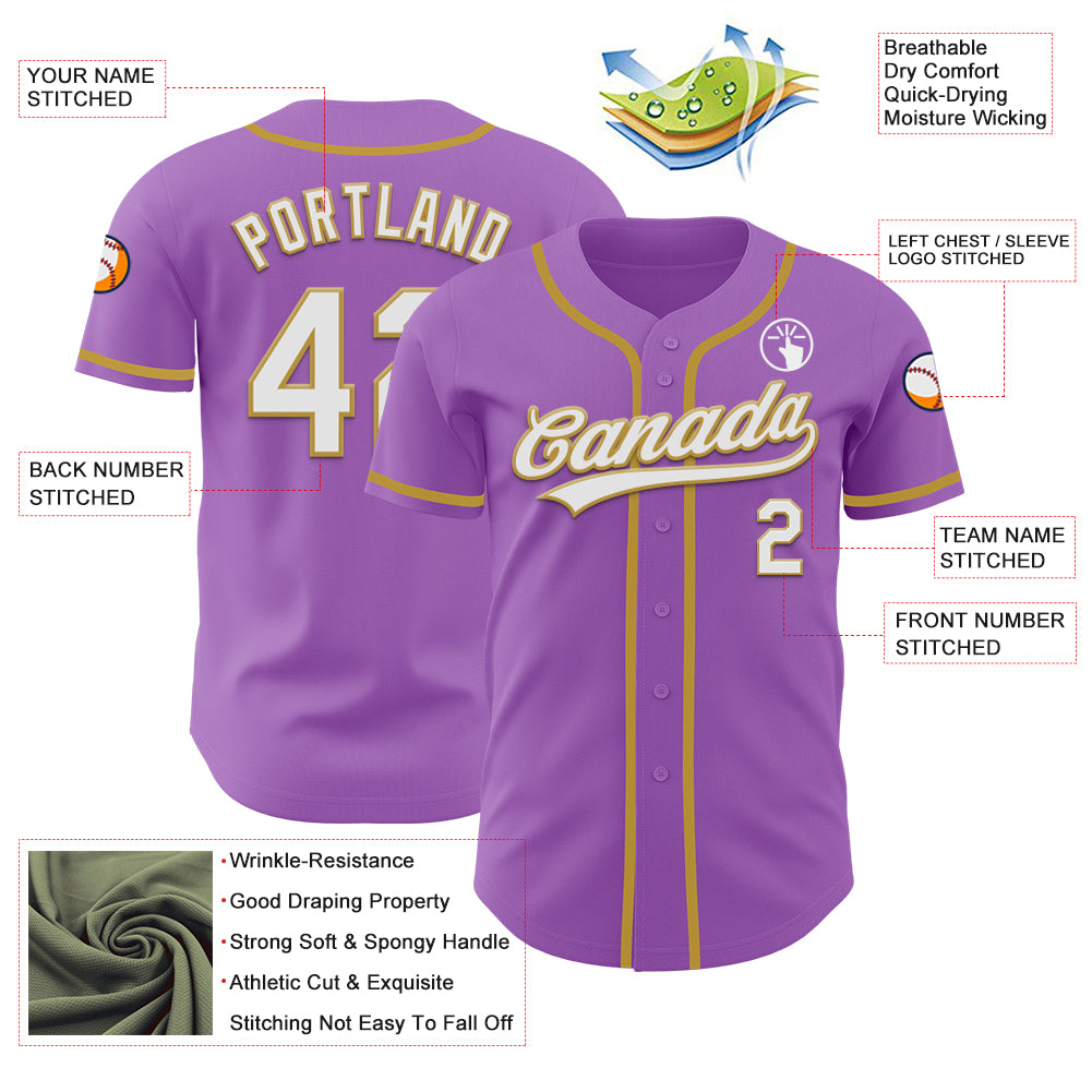 Custom Medium Purple White-Old Gold Authentic Baseball Jersey