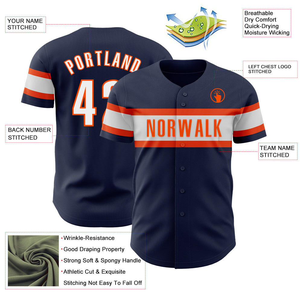 Custom Navy White-Orange Authentic Baseball Jersey