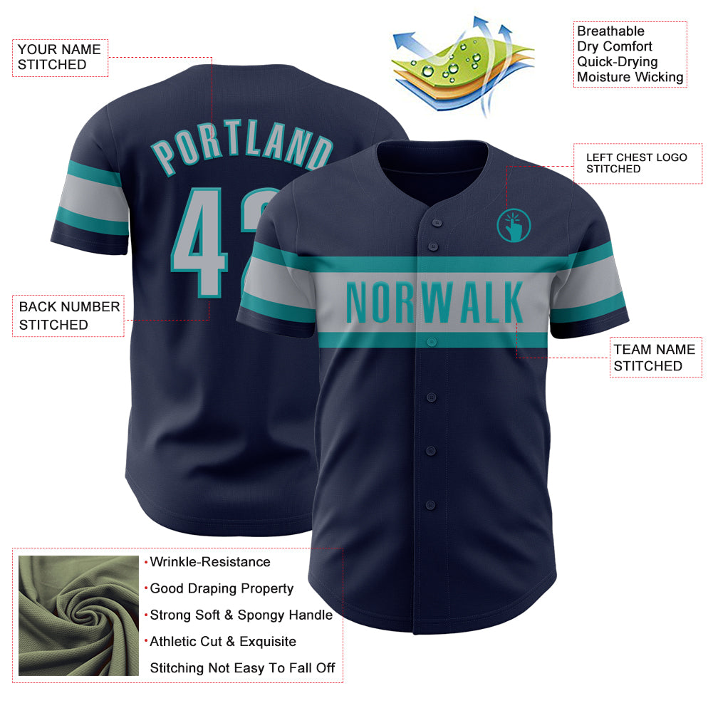 Custom Navy Gray-Teal Authentic Baseball Jersey