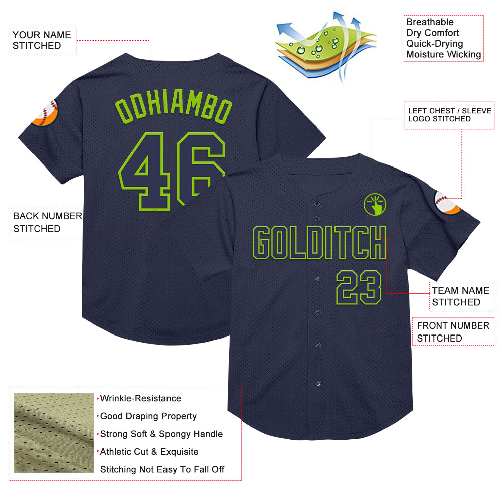 Custom Navy Neon Green Mesh Authentic Throwback Baseball Jersey