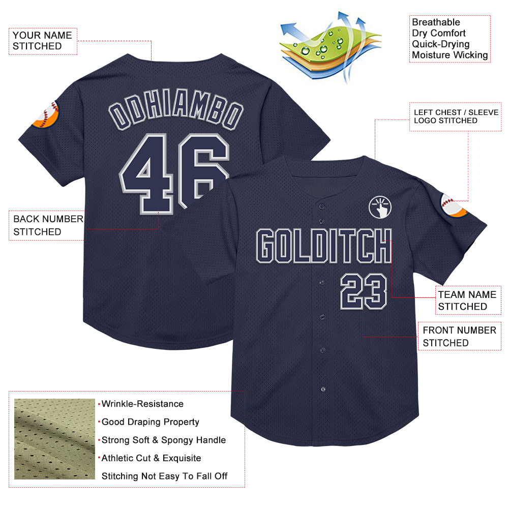 Custom Navy White-Gray Mesh Authentic Throwback Baseball Jersey