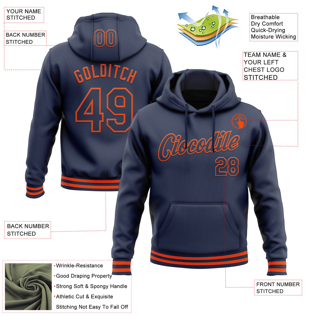 Custom Stitched Navy Orange Sports Pullover Sweatshirt Hoodie