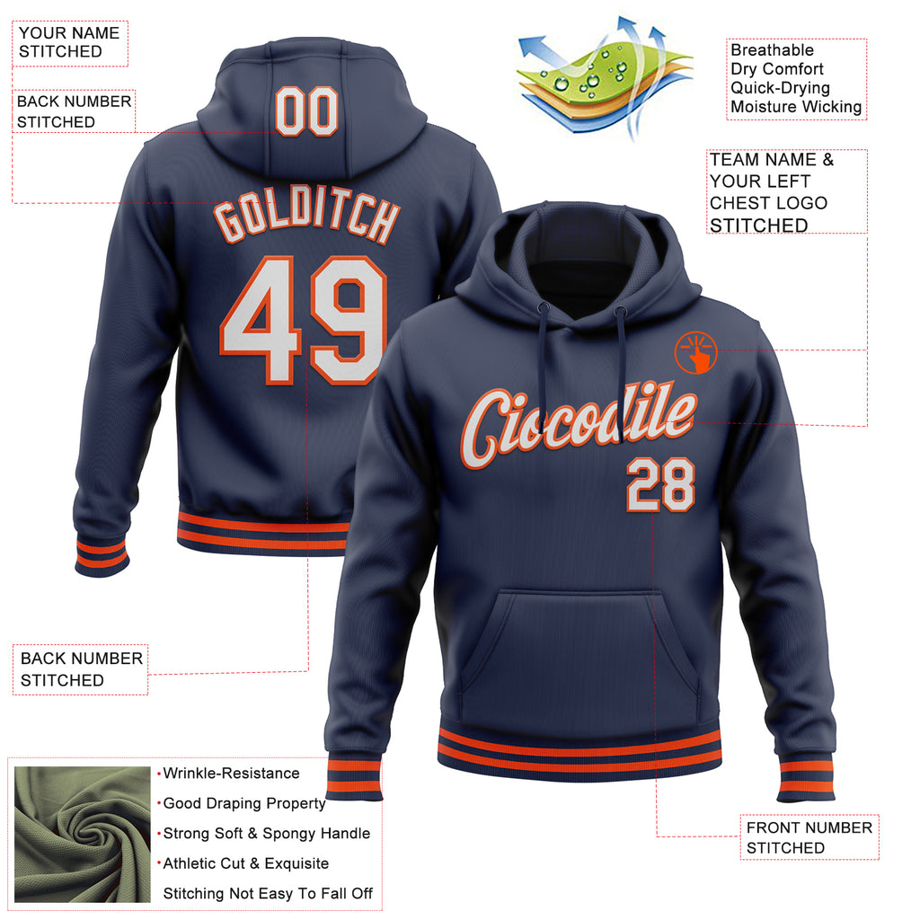 Custom Stitched Navy White-Orange Sports Pullover Sweatshirt Hoodie