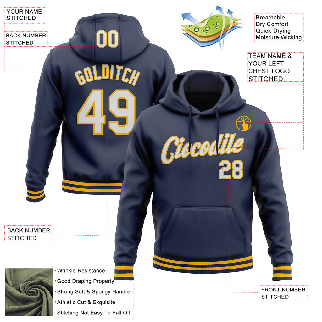 Custom Stitched Navy White-Gold Sports Pullover Sweatshirt Hoodie