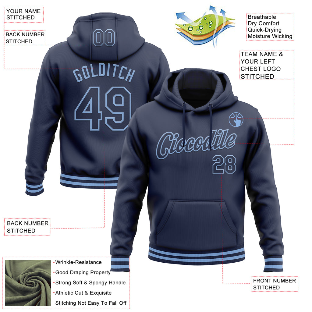 Custom Stitched Navy Light Blue Sports Pullover Sweatshirt Hoodie