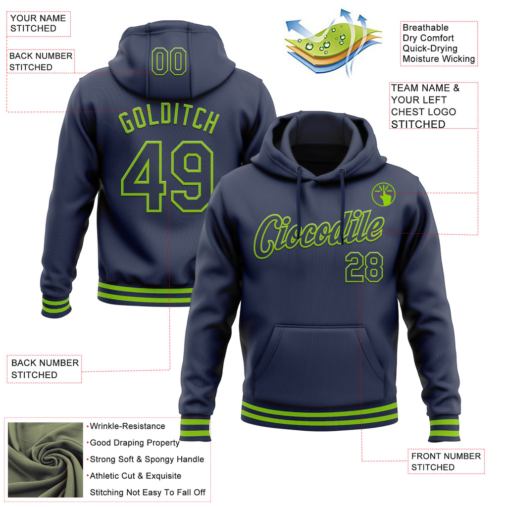 Custom Stitched Navy Neon Green Sports Pullover Sweatshirt Hoodie