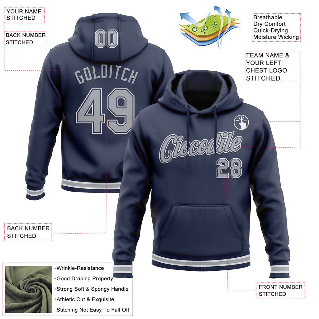 Custom Stitched Navy Gray-White Sports Pullover Sweatshirt Hoodie