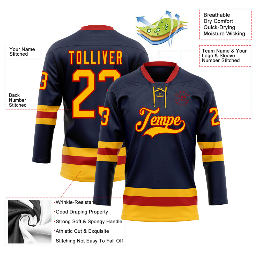 Custom Navy Gold-Red Hockey Lace Neck Jersey