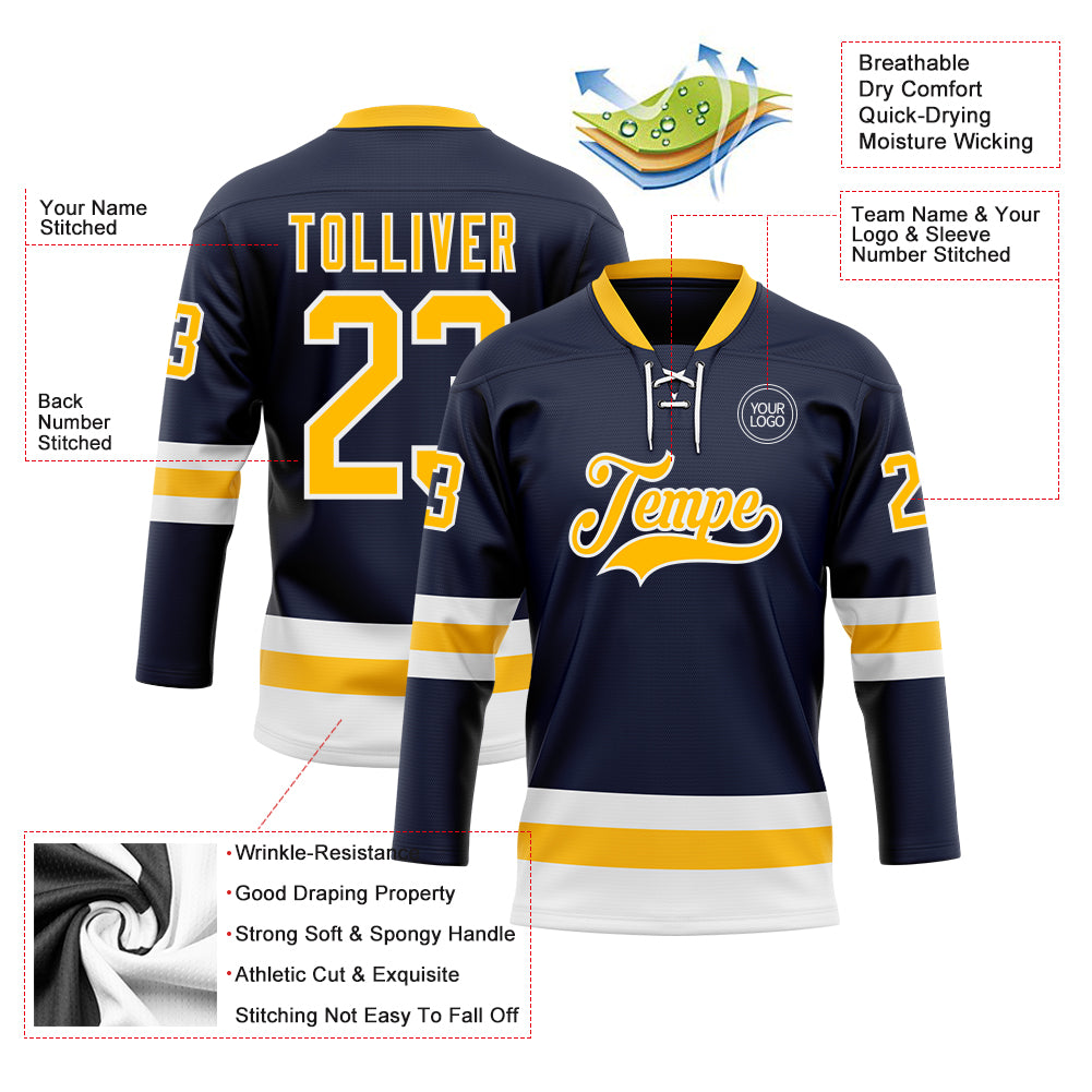 Custom Navy Gold-White Hockey Lace Neck Jersey