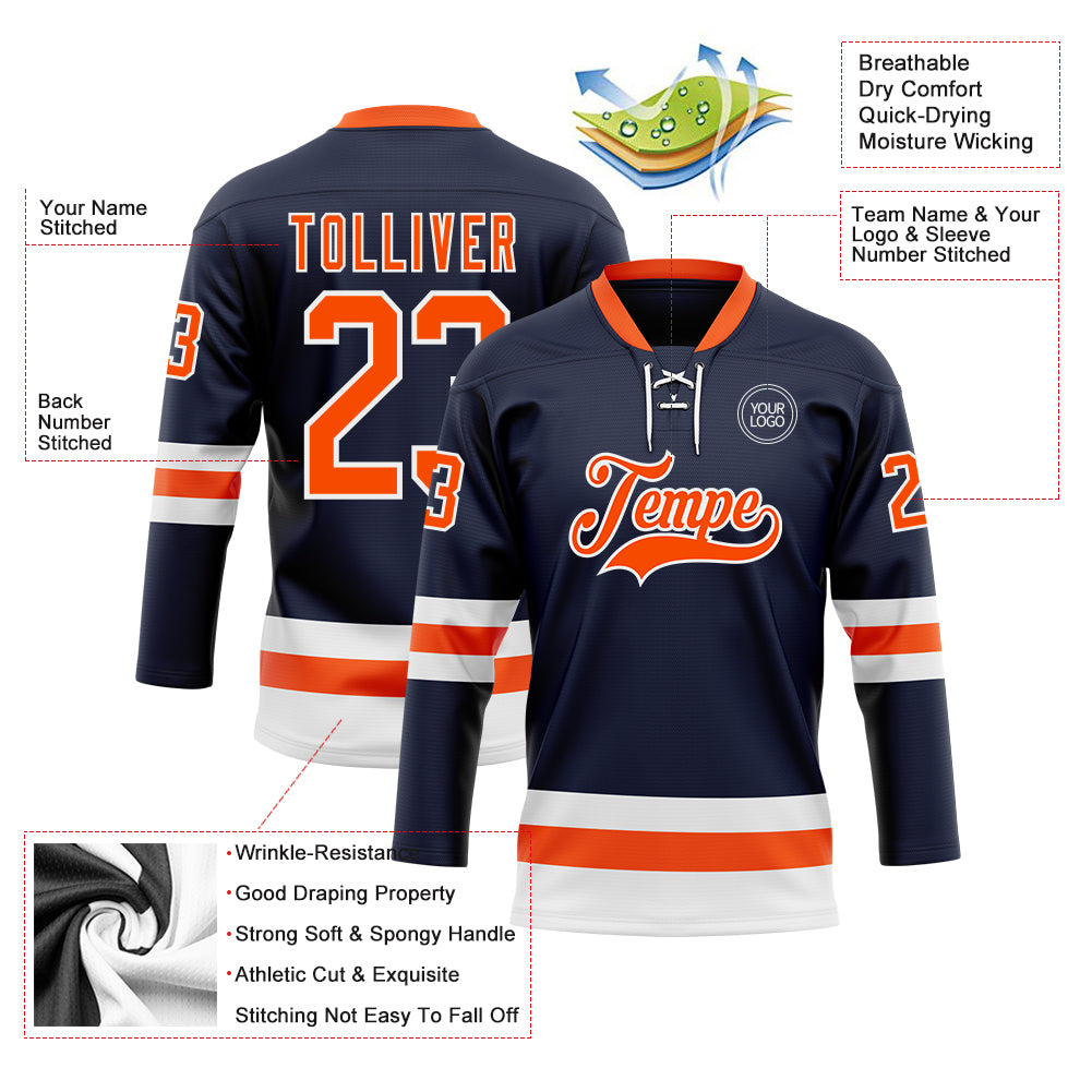 Custom Navy Orange-White Hockey Lace Neck Jersey