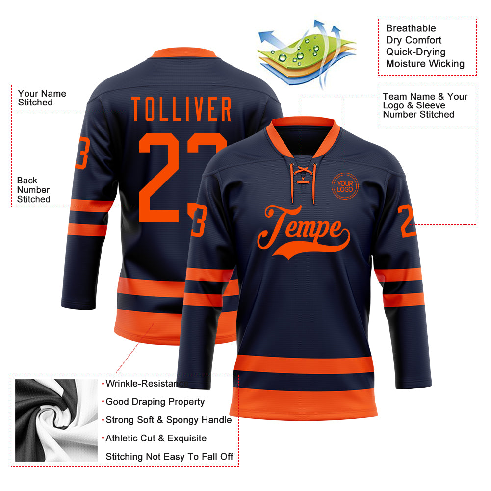 Custom Navy Orange Hockey Lace Neck Jersey