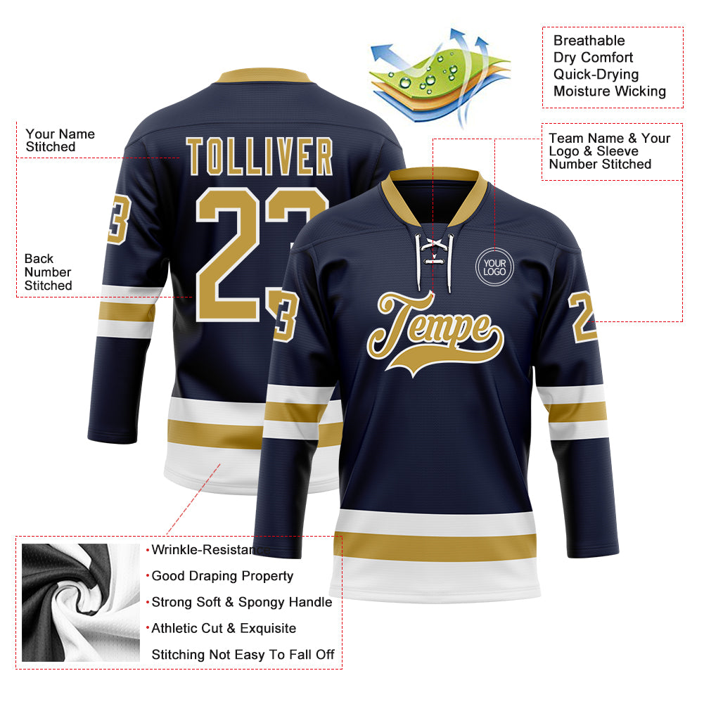 Custom Navy Old Gold-White Hockey Lace Neck Jersey