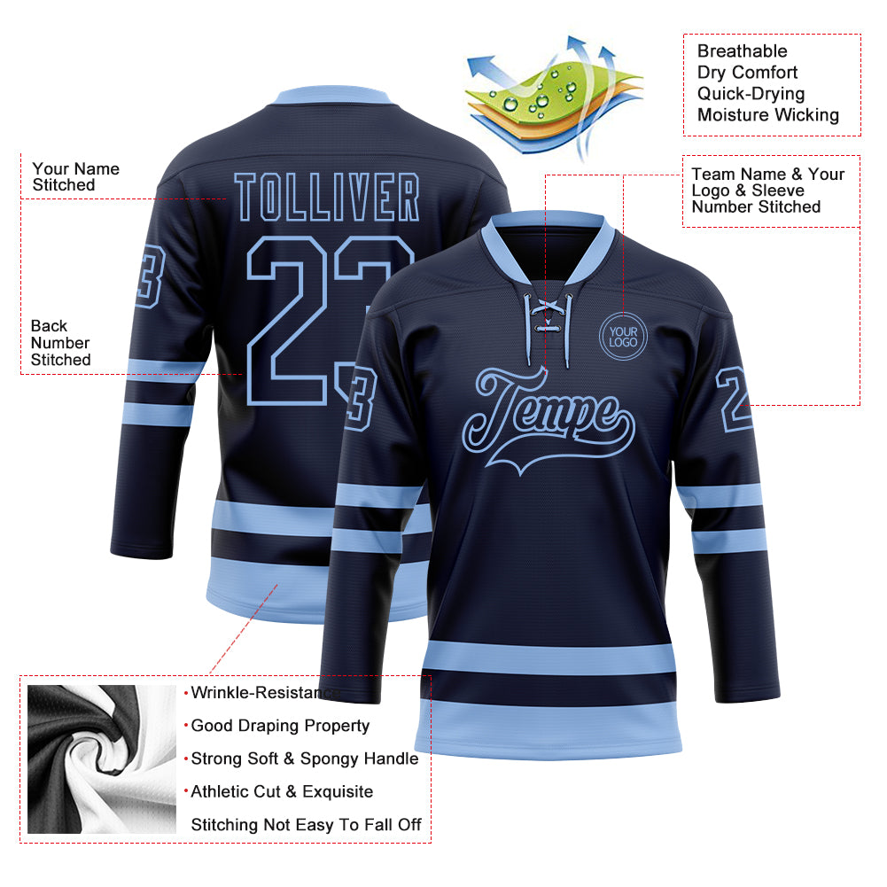 Custom Navy Light Blue Hockey Lace Neck Jersey