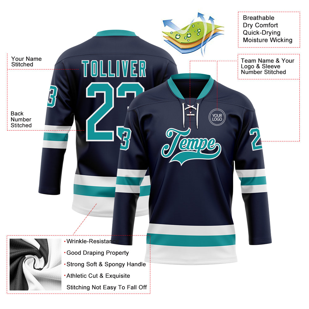 Custom Navy Teal-White Hockey Lace Neck Jersey