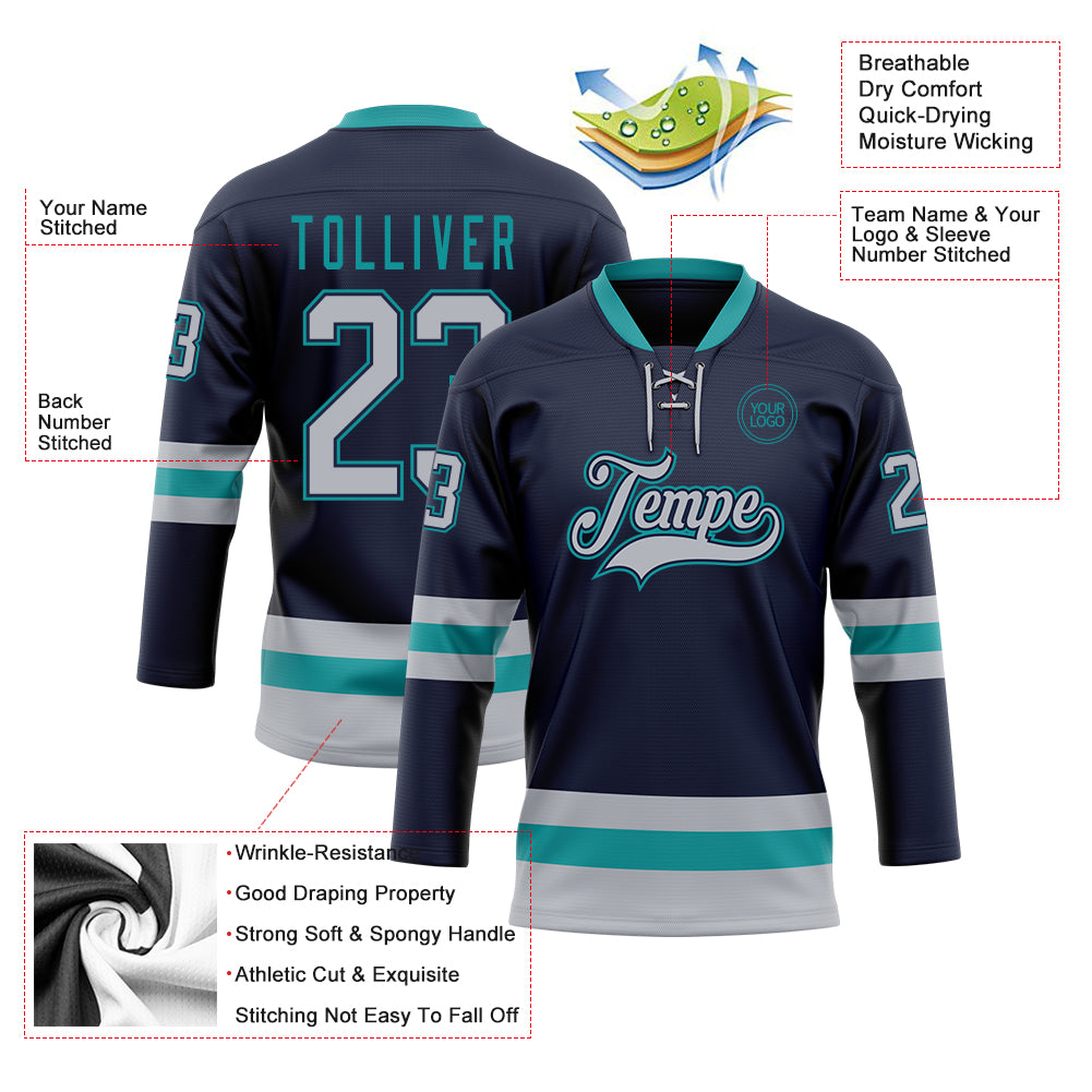 Custom Navy Gray-Teal Hockey Lace Neck Jersey