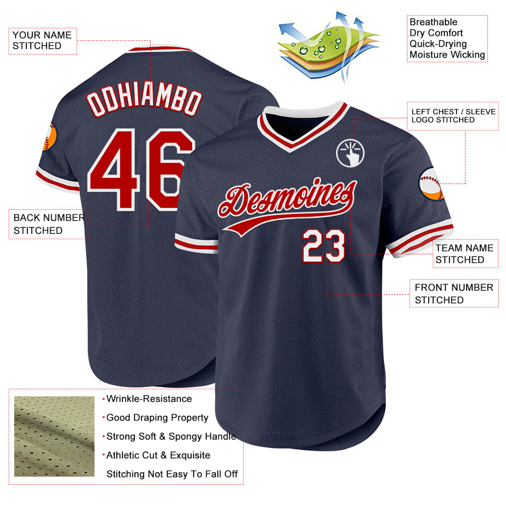 Custom Navy Red-White Authentic Throwback Baseball Jersey