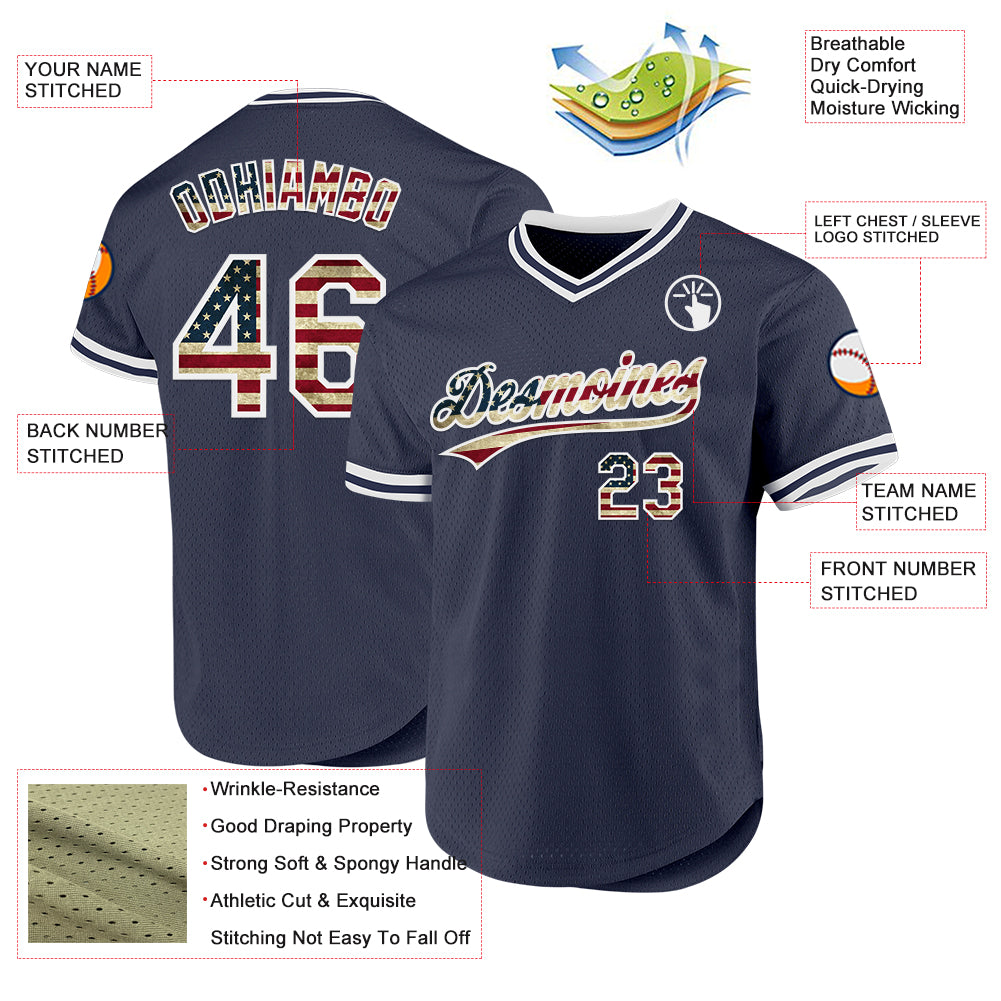 Custom Navy Vintage USA Flag-White Authentic Throwback Baseball Jersey