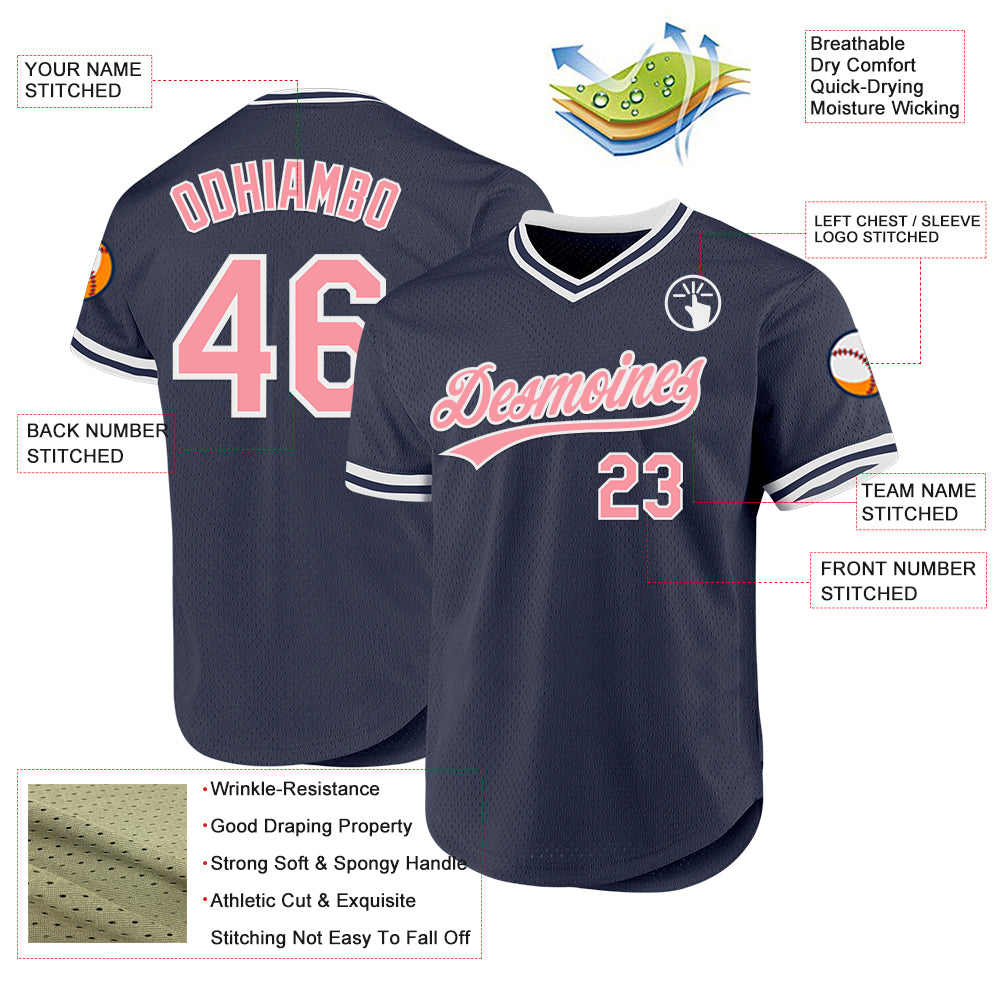 Custom Navy Medium Pink-White Authentic Throwback Baseball Jersey