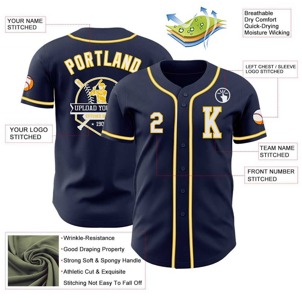 Custom Navy White-Yellow Authentic Baseball Jersey