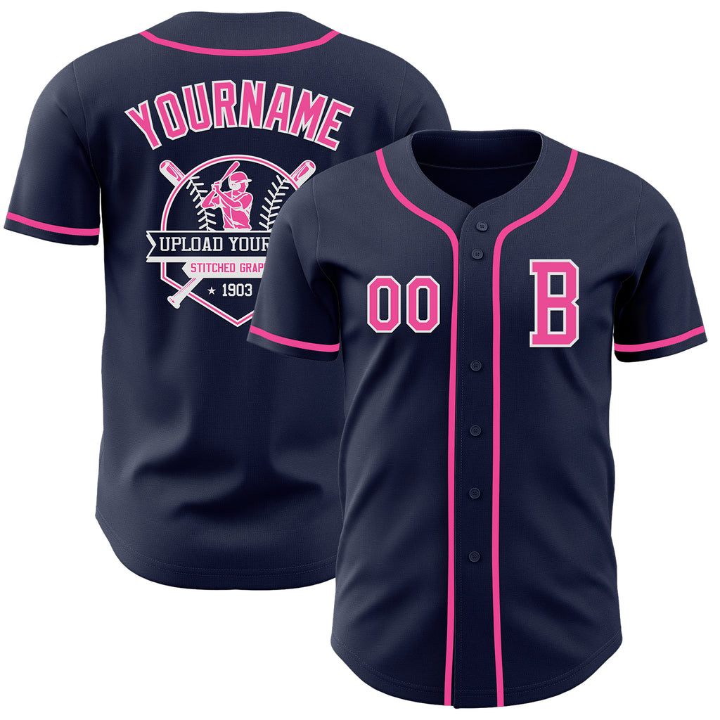 Custom Navy Pink-White Authentic Baseball Jersey