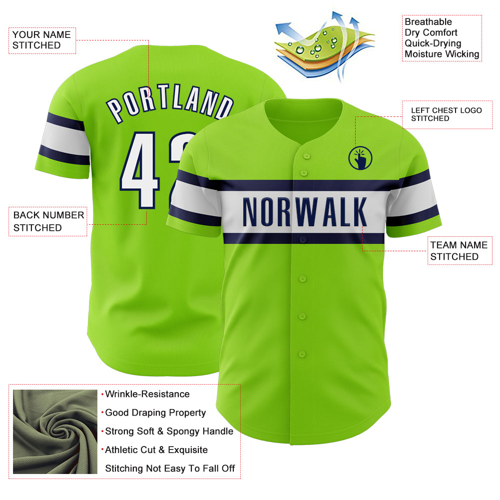 Custom Neon Green White-Navy Authentic Baseball Jersey