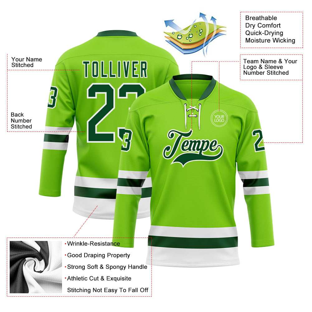 Custom Neon Green Green-White Hockey Lace Neck Jersey