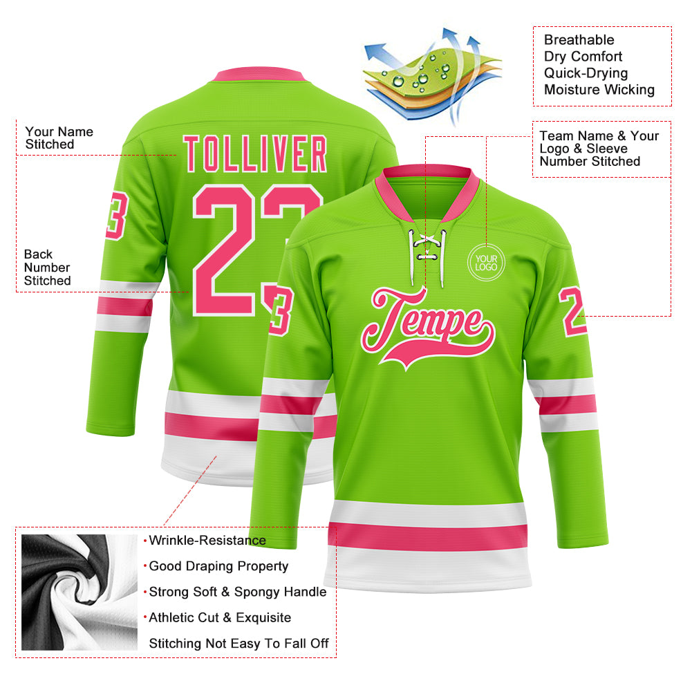 Custom Neon Green Neon Pink-White Hockey Lace Neck Jersey