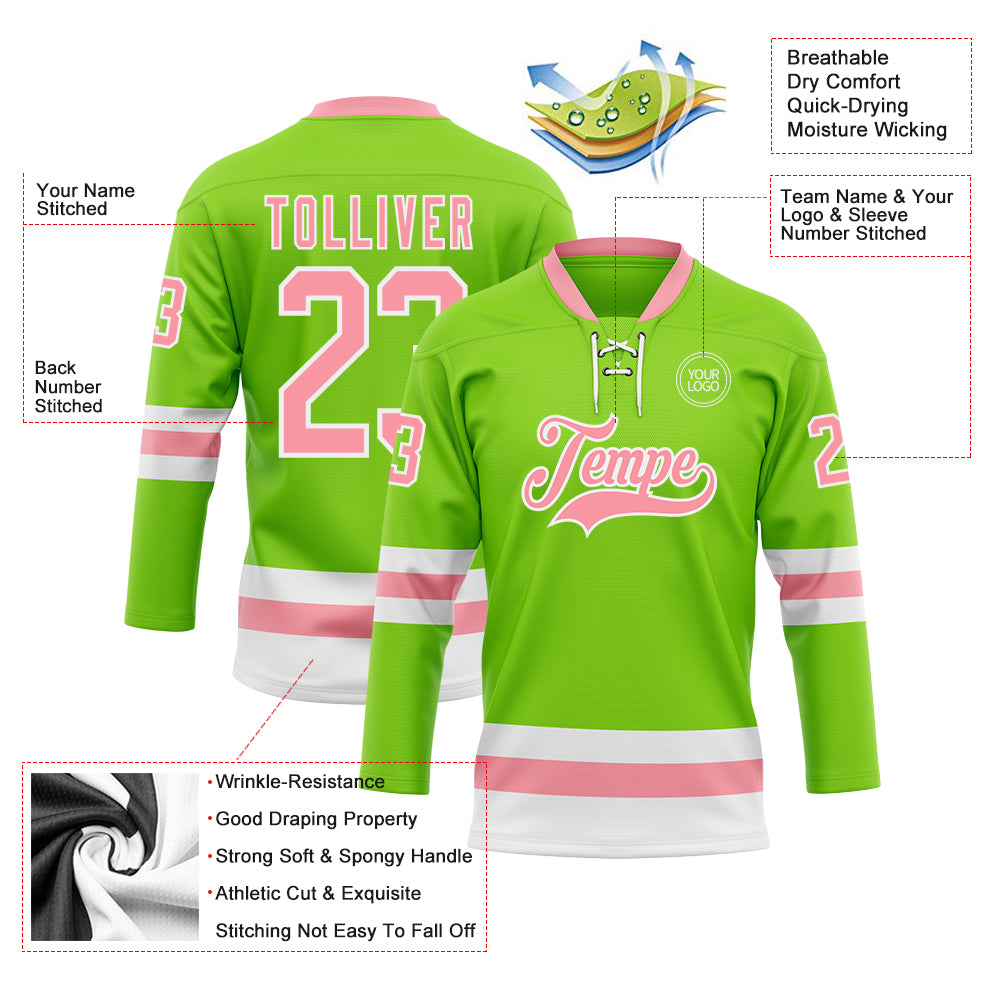 Custom Neon Green Medium Pink-White Hockey Lace Neck Jersey