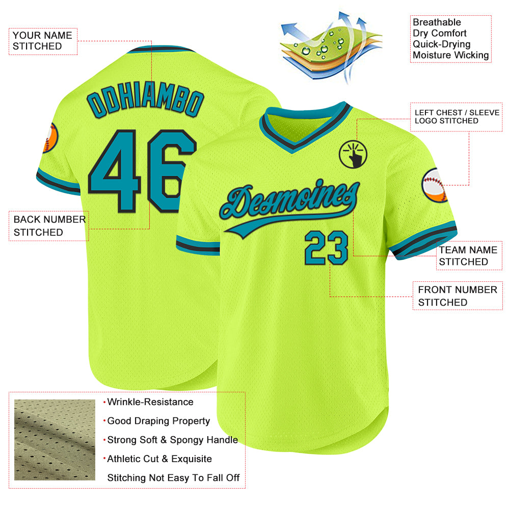 Custom Neon Green Teal-Black Authentic Throwback Baseball Jersey