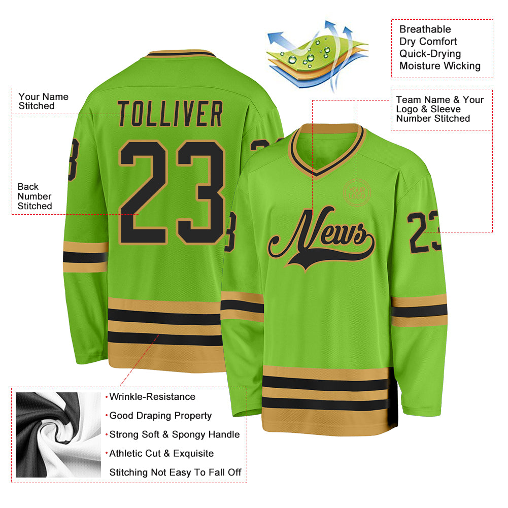 Custom Neon Green Black-Old Gold Hockey Jersey