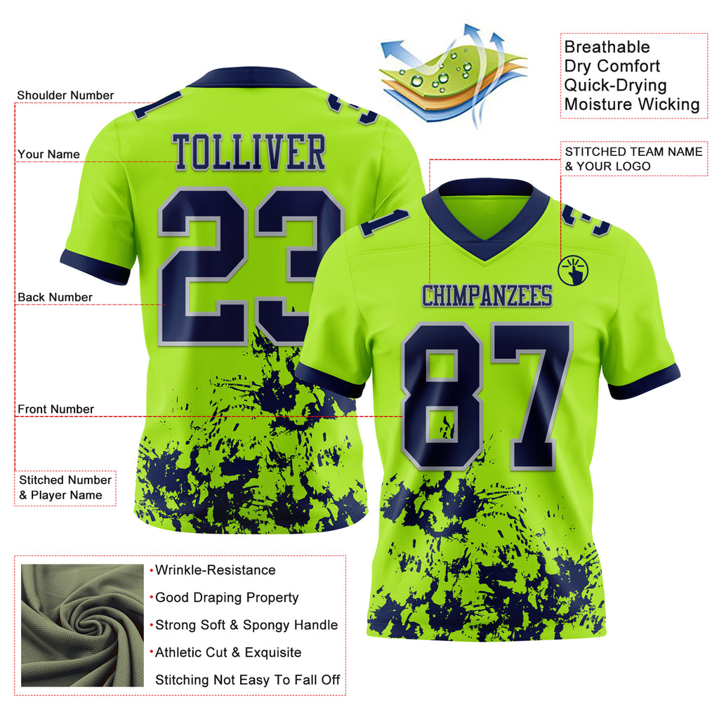 Custom Neon Green Navy-Gray Splash Authentic Football Jersey