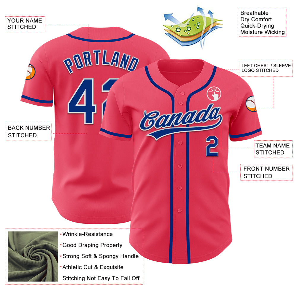 Custom Neon Pink Royal-White Authentic Baseball Jersey