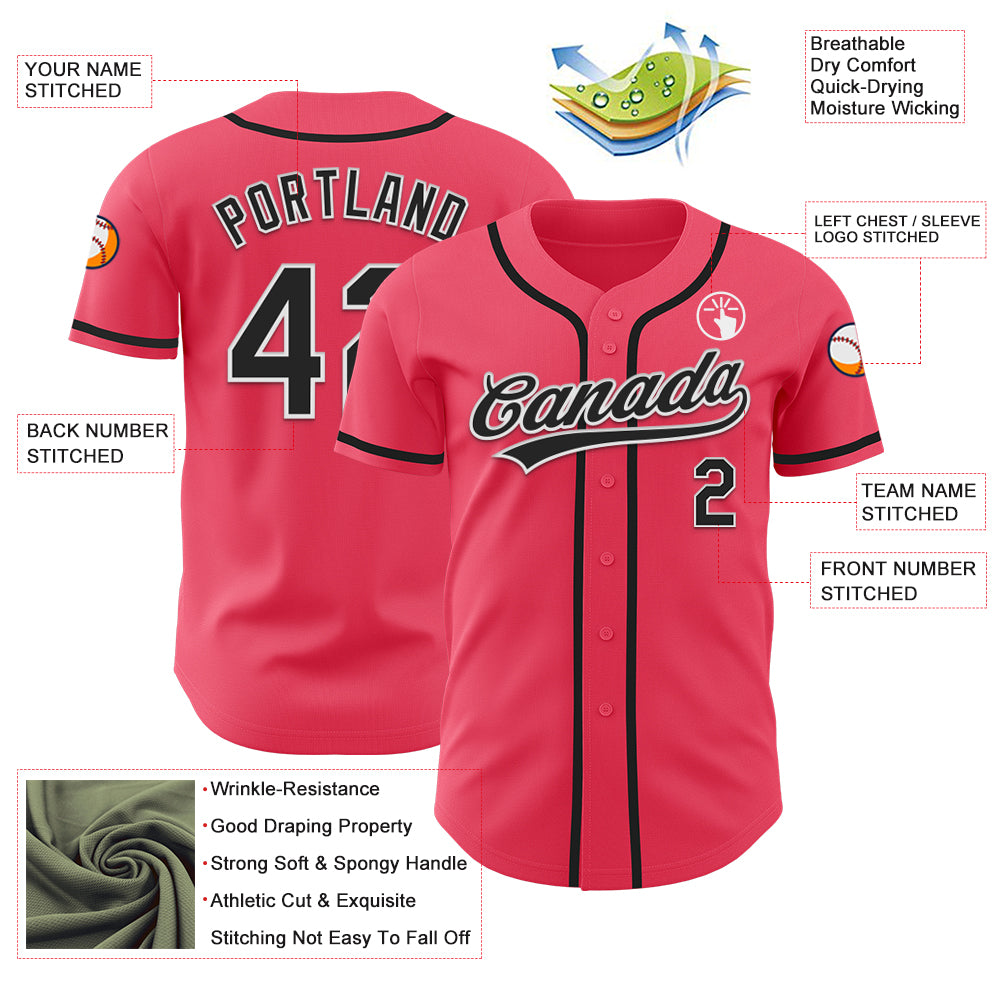 Custom Neon Pink Black-White Authentic Baseball Jersey