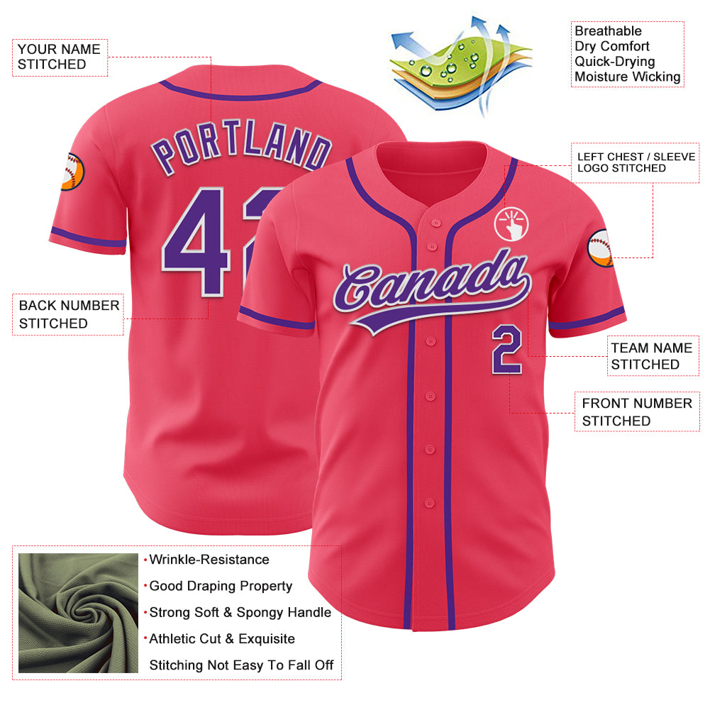 Custom Neon Pink Purple-White Authentic Baseball Jersey