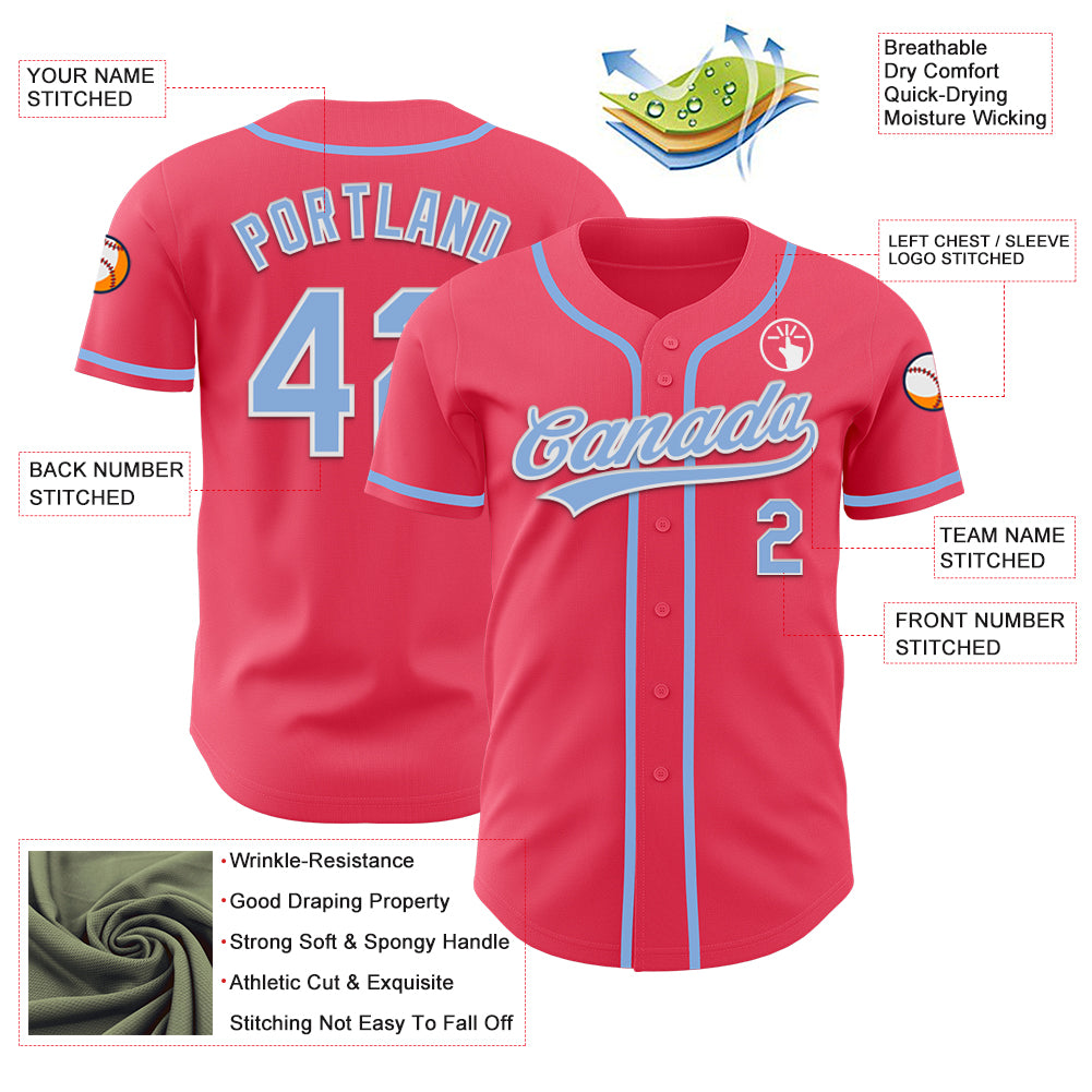 Custom Neon Pink Light Blue-White Authentic Baseball Jersey