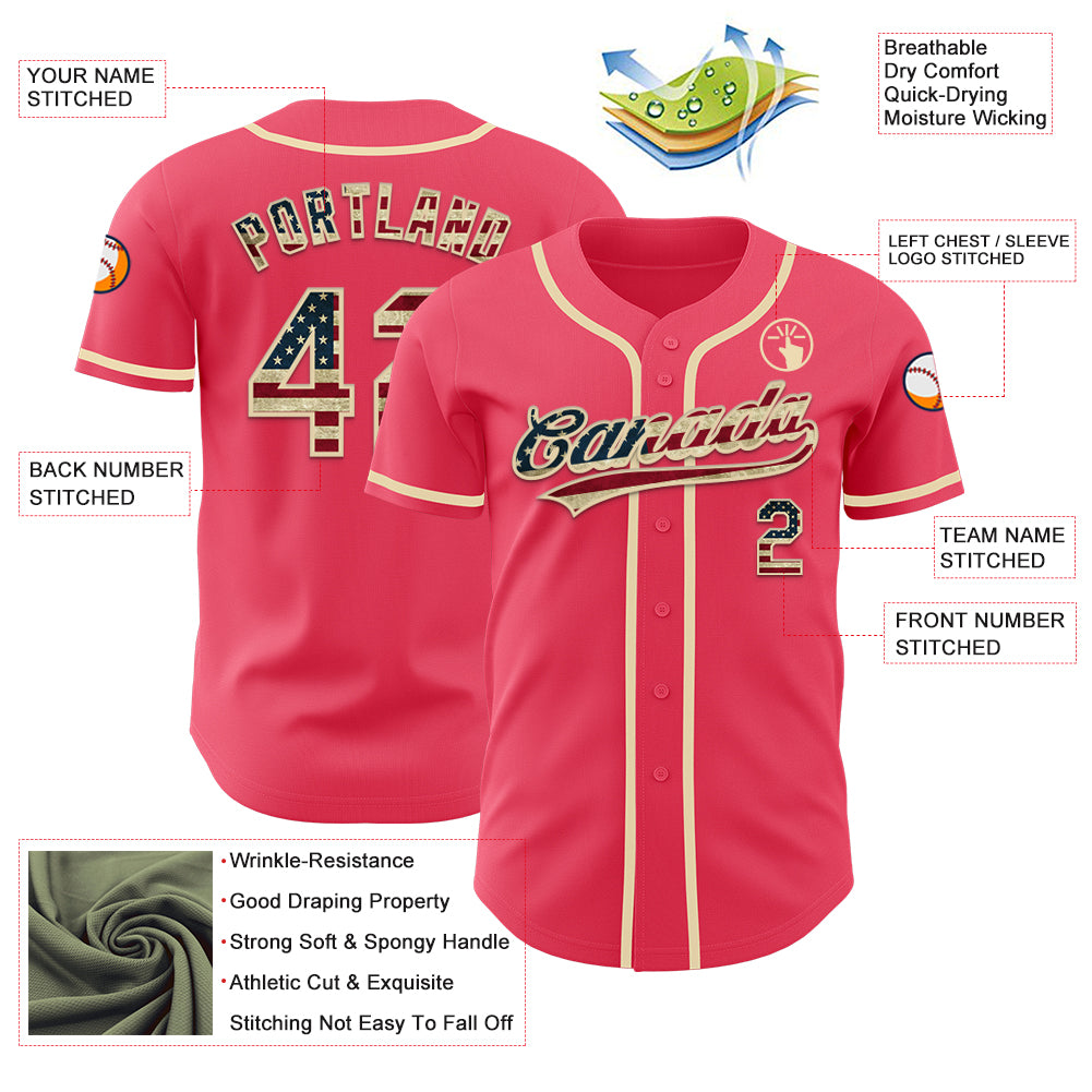 Custom Neon Pink Vintage USA Flag-Cream Authentic Baseball Jersey