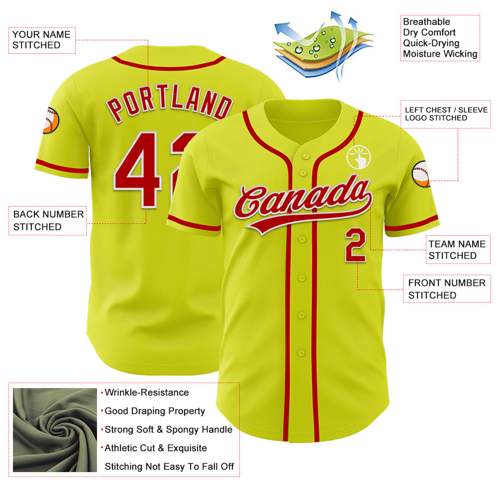 Custom Neon Yellow Red-White Authentic Baseball Jersey