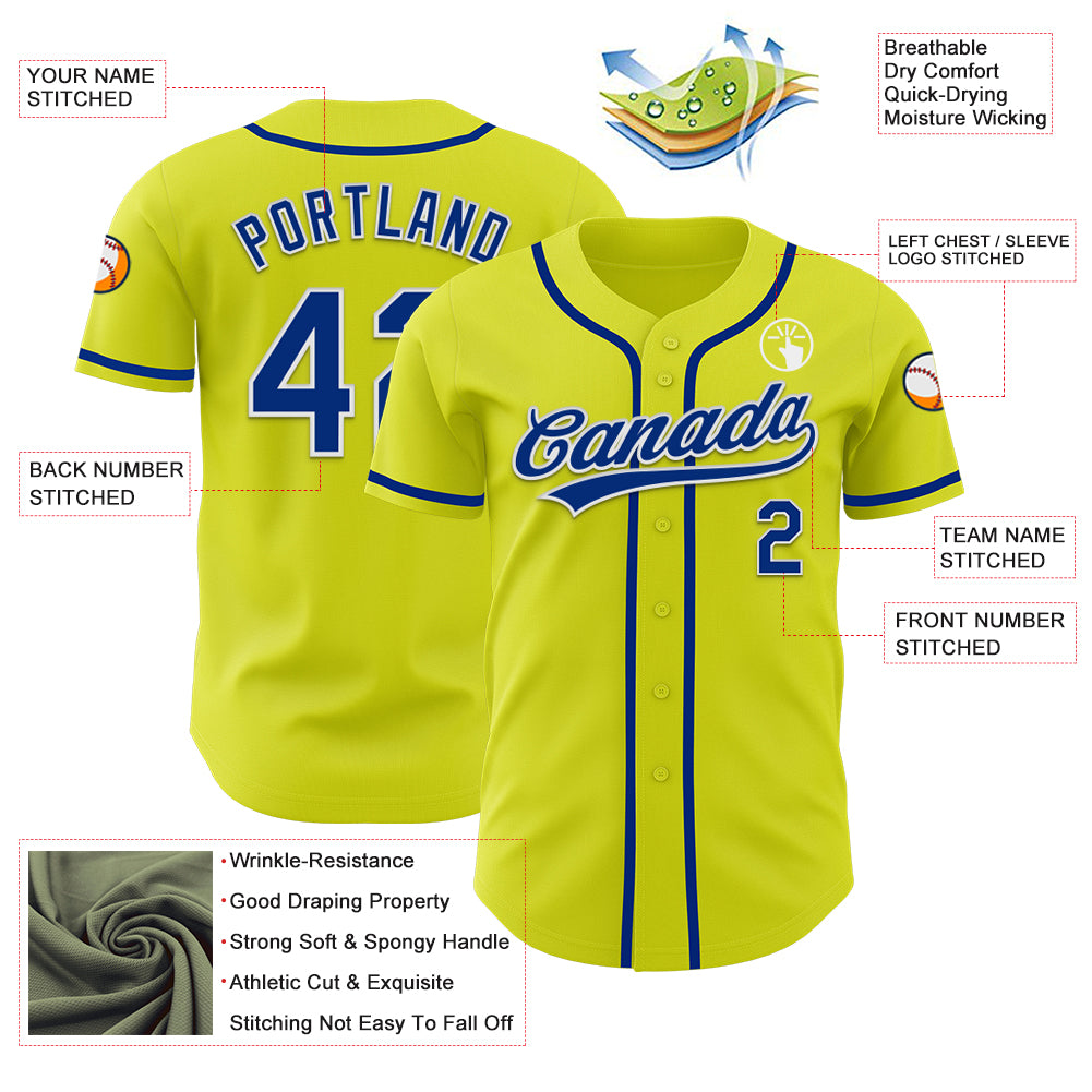 Custom Neon Yellow Royal-White Authentic Baseball Jersey