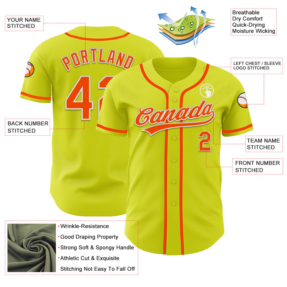 Custom Neon Yellow Orange-White Authentic Baseball Jersey
