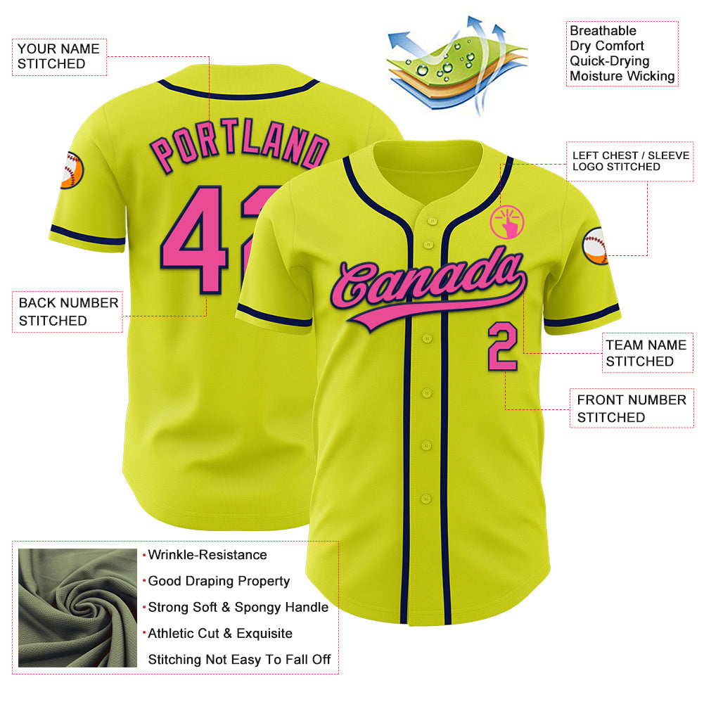 Custom Neon Yellow Pink-Navy Authentic Baseball Jersey
