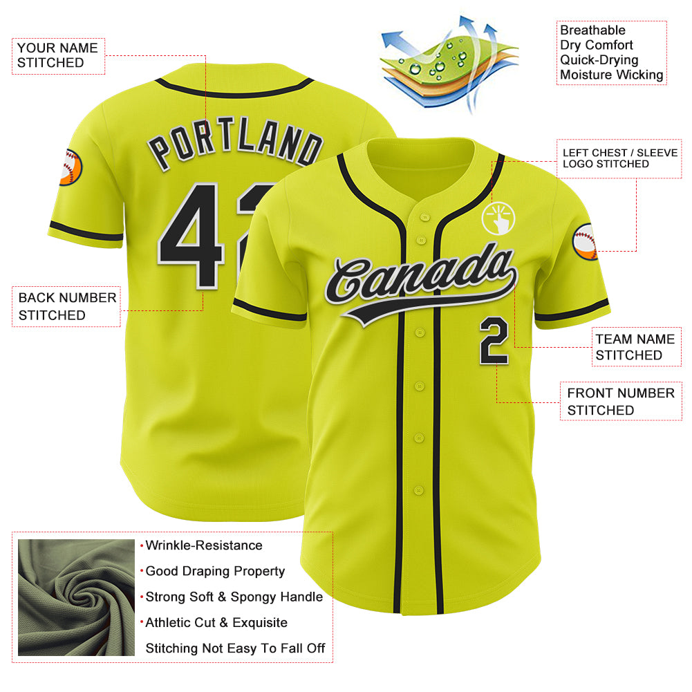 Custom Neon Yellow Black-White Authentic Baseball Jersey
