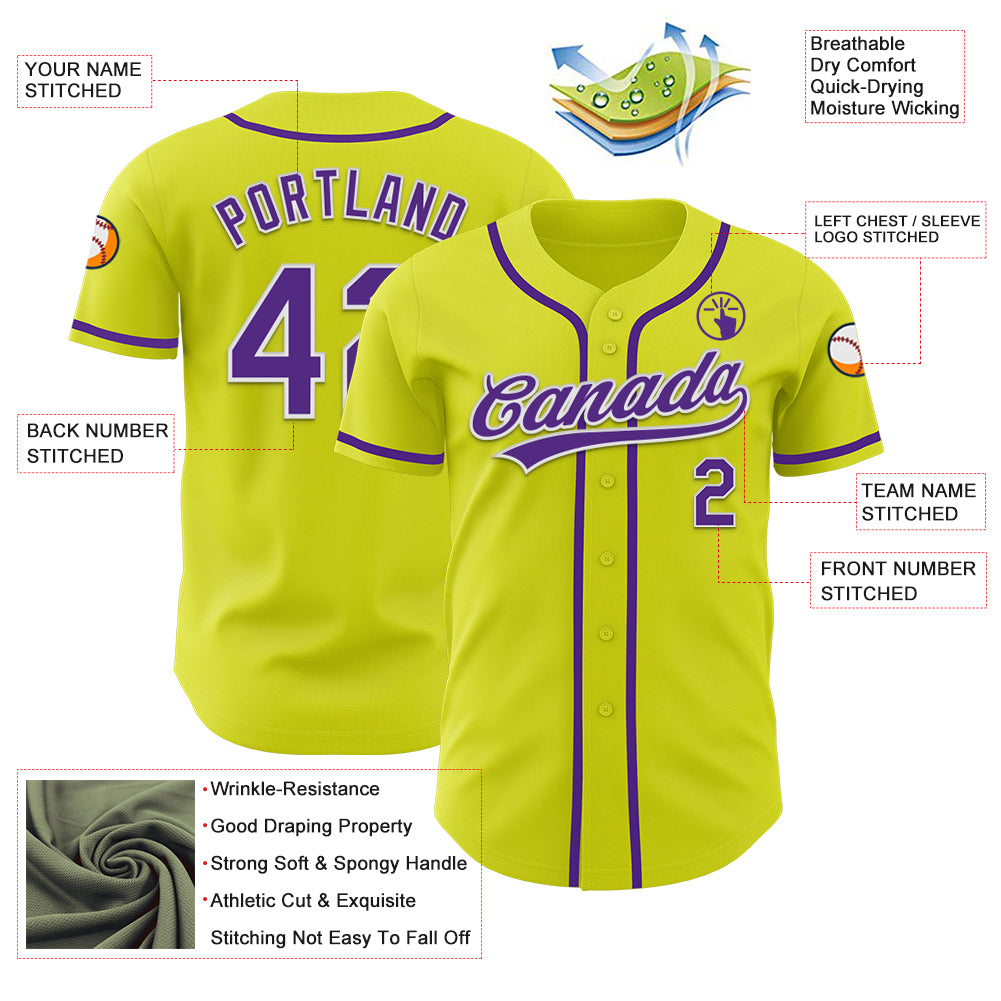 Custom Neon Yellow Purple-White Authentic Baseball Jersey