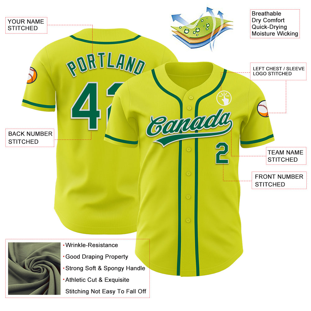 Custom Neon Yellow Kelly Green-White Authentic Baseball Jersey