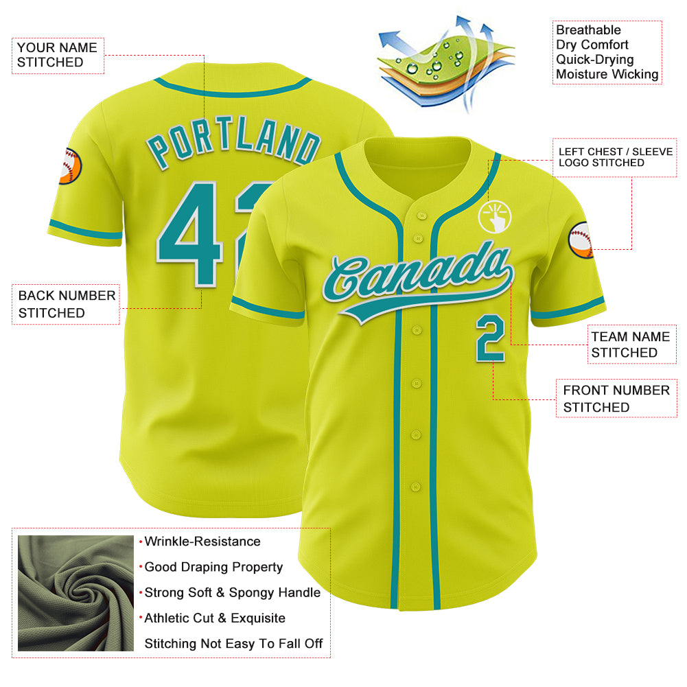 Custom Neon Yellow Teal-White Authentic Baseball Jersey